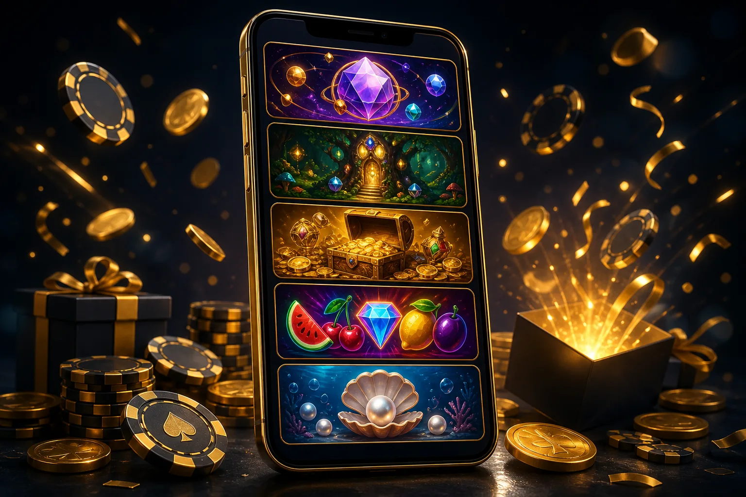 Five original slot games displayed in a mobile casino lobby